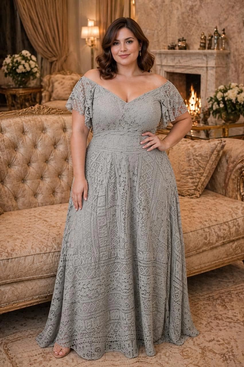 Vestido Longo Plus Size em Renda Cinza